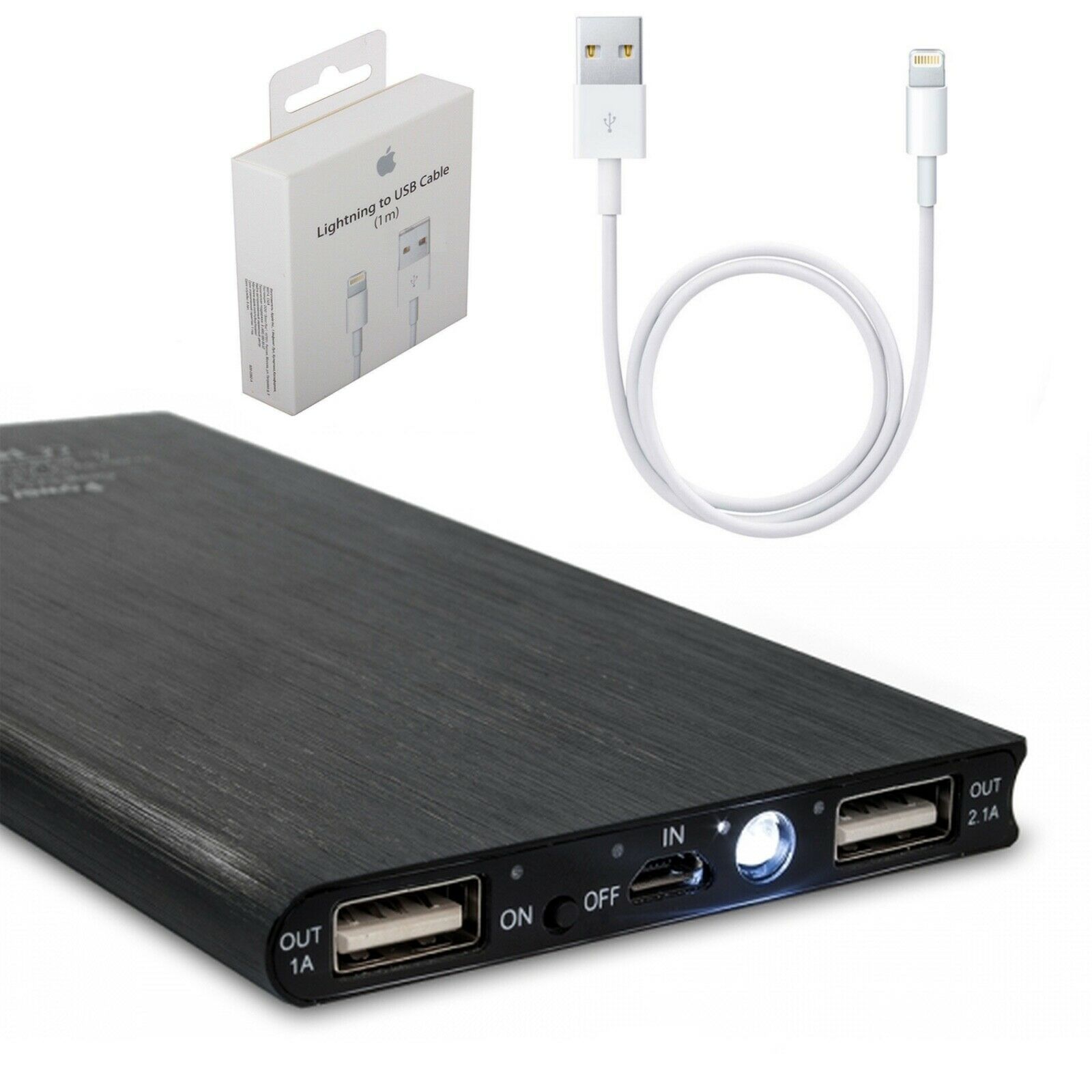 20000mAh-Power-Bank 2x USB Schwarz  mit Lightning Ladekabel