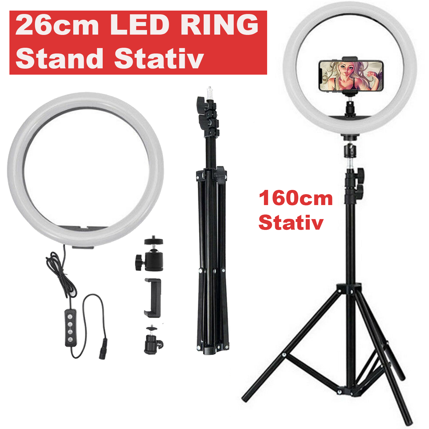 USB LED Ringlicht 26Cm Lampe Selfie Handy mit 160cm Stativ 