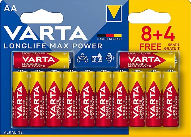 12 x Varta Longlife Max Power 4706 AA / LR6 batteries
